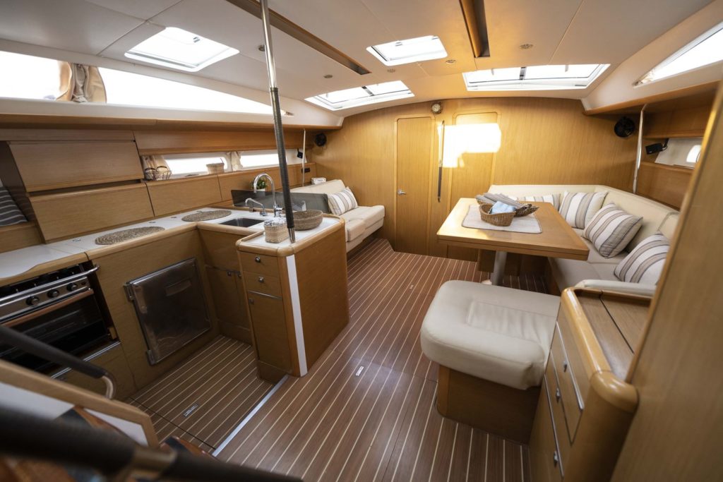 The interior of our Jeanneau 53 sailing yacht on Rhodes